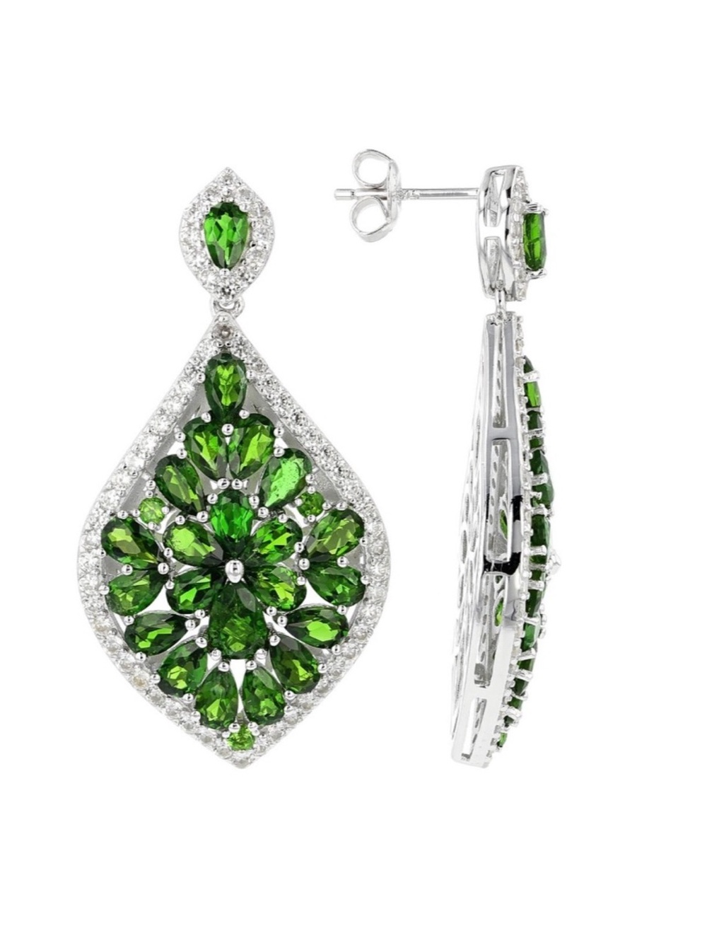 JTV Green Chrome Diopside Rhodium Over Sterling Silver Cluster Earrings 12.08ctw